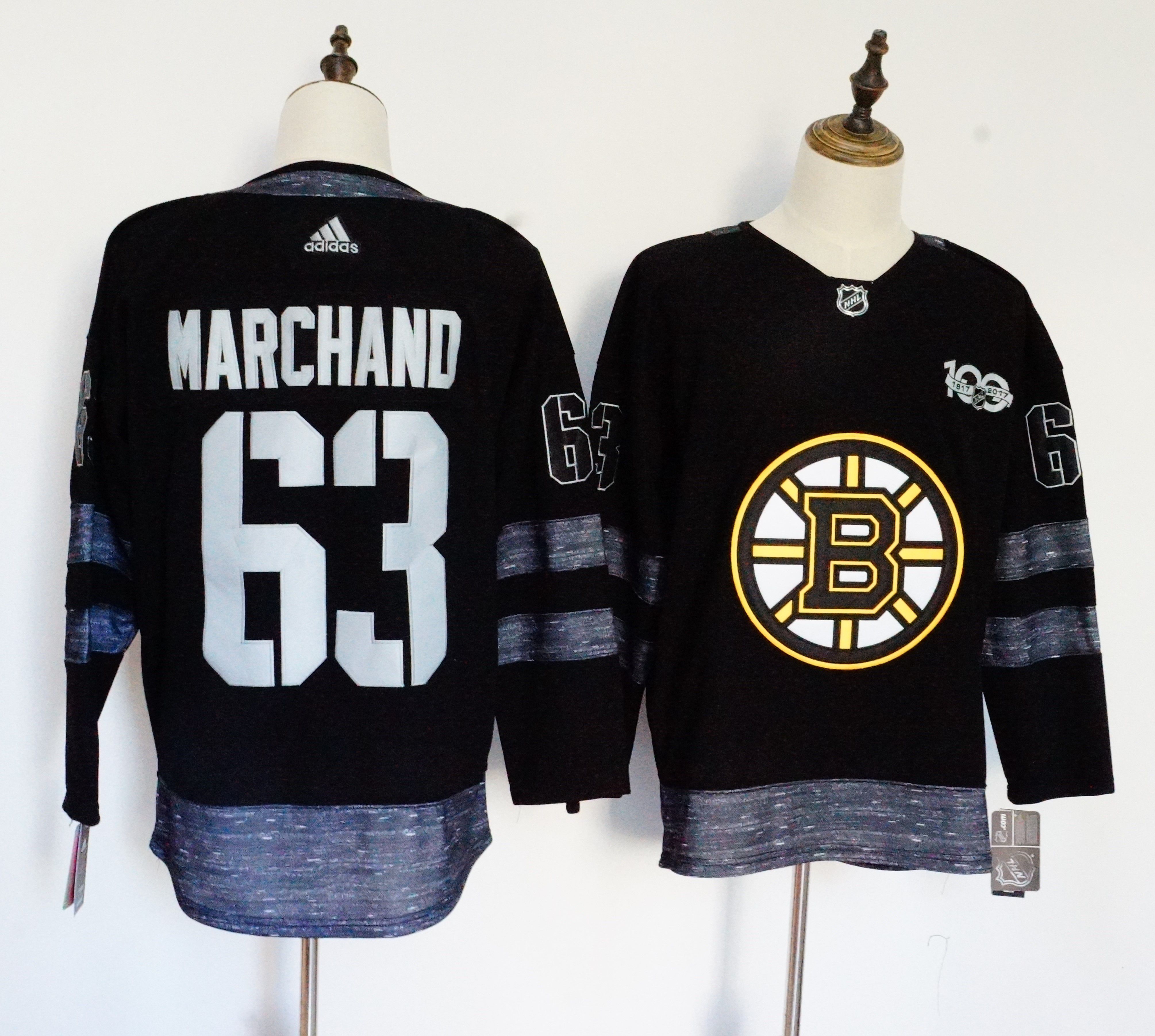 Men Boston Bruins #63 Marchand Black 100th Anniversary Stitched Adidas NHL Jerseys